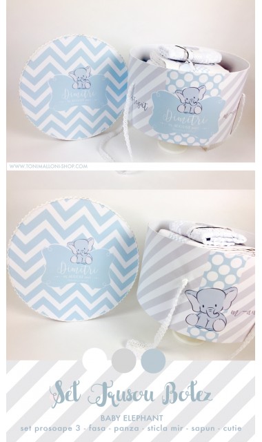 Trusou de botez cu broderie personalizata pentru baieti, Bleu & Grey Elephant 2